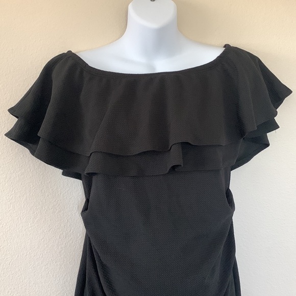 Pinkblush Black Off Shoulder Ruched Ruffle Layered Maternity Mini Dress - Picture 4 of 11